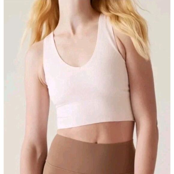 Athleta Aurora Seamless Crop Ribbed Tank Rosy Tint Light Pink V Neck Womens XXS - Picture 2 of 9